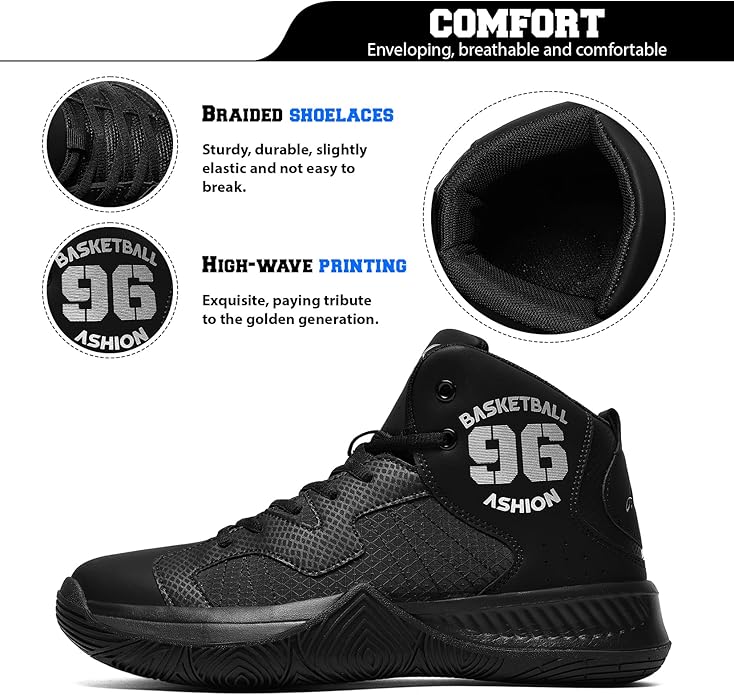 ASHION Kids Basketball Shoes Boys Girls Sneakers Mid-Top Lace Up Cushion Anti Slip Athletic Outdoor Sport Shoes for Unisex-Child