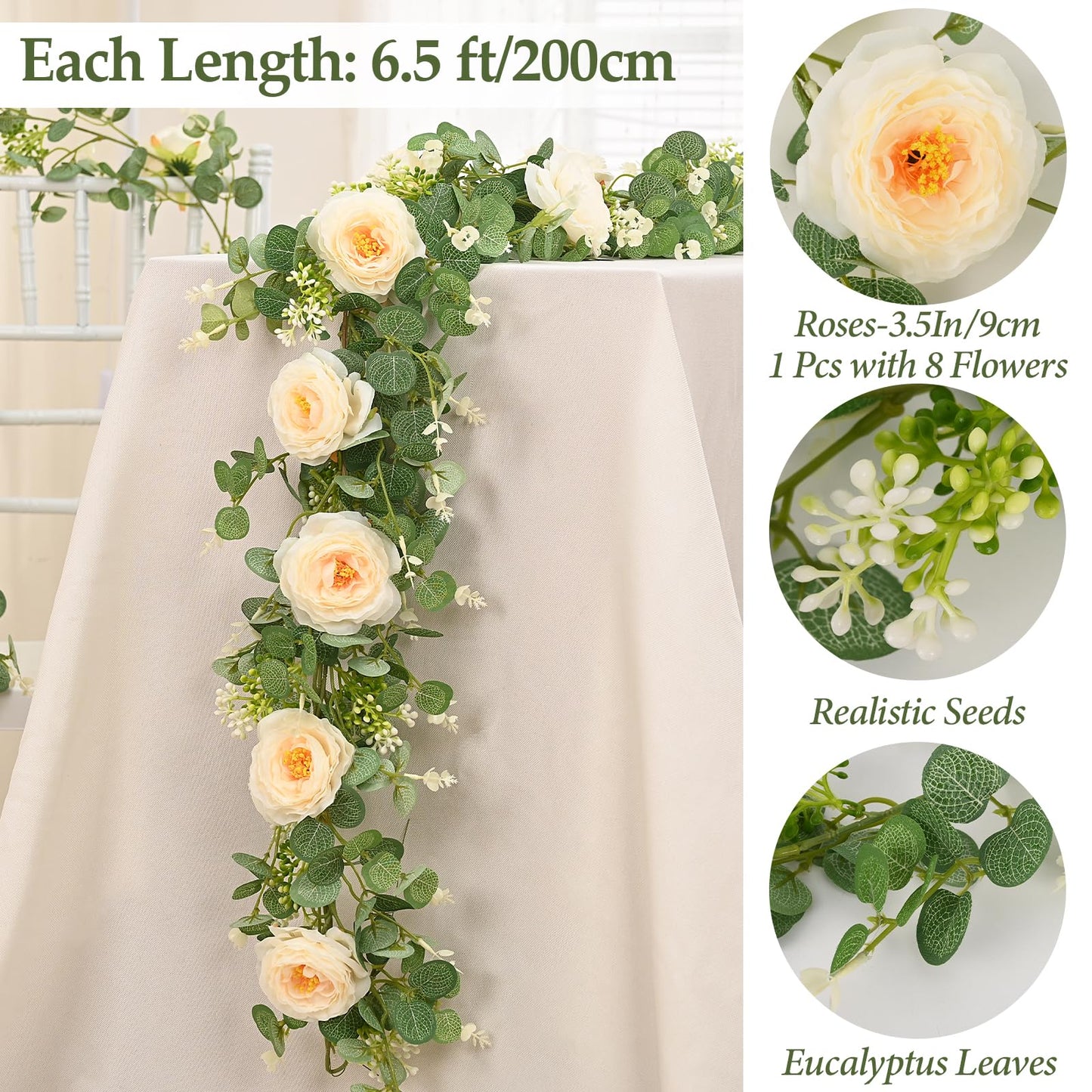 Dolicer 2Pcs 13Ft Artificial Eucalyptus Garlands with Flowers, Faux Floral Greenery Garlands Fake Flowers Vines for Wedding Centerpieces Arch Party Ceremony Backdrop Decor (Champagne)