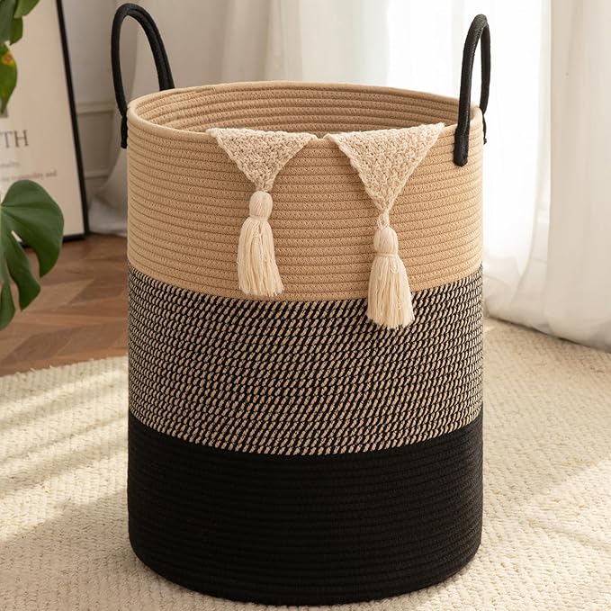 OIAHOMY Large Laundry Basket Hamper - 60L Cotton Rope Woven Basket for Blankets, Toys, Clothes - Tall Decorative Nursery Hamper with Long Handles, Yellow/Black