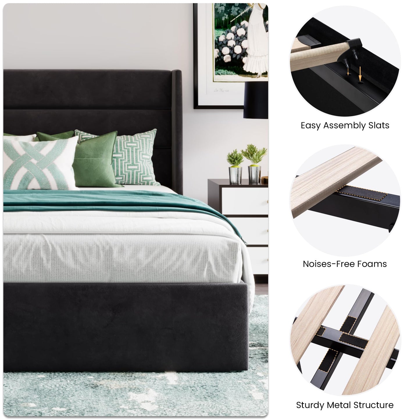 SHA CERLIN Queen Size Lift Up Storage Bed/Velvet Upholstered/Modern Wingback Headboard/Upholstered Platform Bed Frame/Hydraulic Storage/No Box Spring Needed/Black