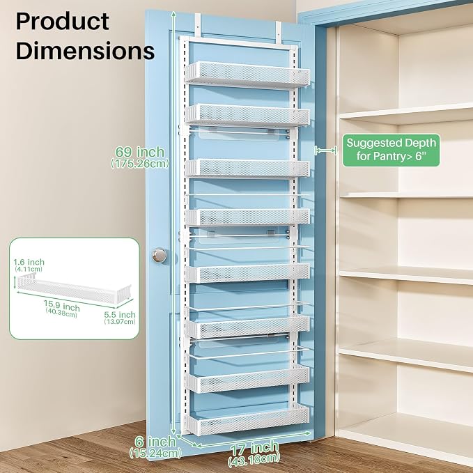 SNTD 8 Tiers Over the Door Organizer - Height Adjustable Pantry Organizers and Storage with Dense Mesh Baskets, Anti-Swing Hanging Door Spice Rack for Kitchen Bathroom (White, 17" W x 6" D x 69" H)