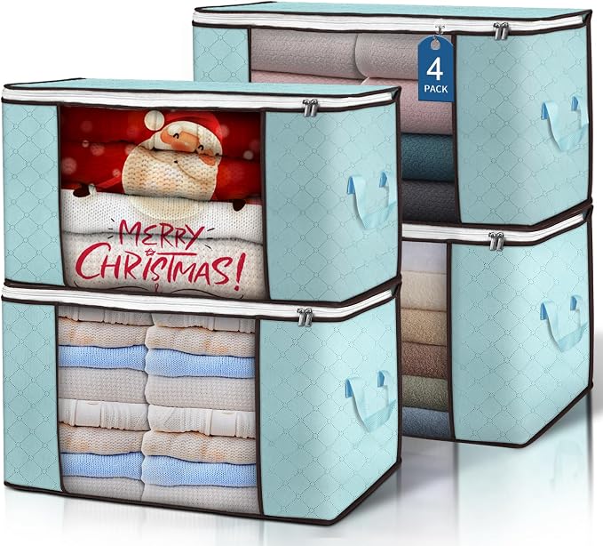 Budding Joy 90 L Large Storage Bags, 4 Pack Clothes Storage Bins Foldable Closet Organizer Storage Containers Storage and Organization for Clothes, Blanket, Comforters, Bed Sheets, Pillows (Blue)