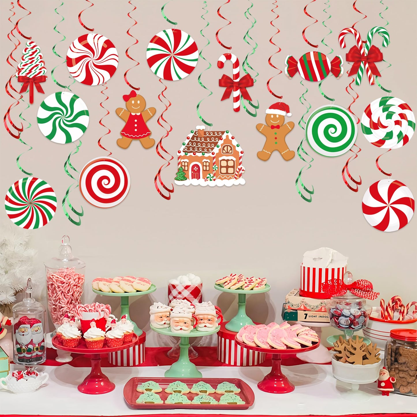 36 PCS Christmas Hanging Swirls Decorations Pre-Strung Candy Gingerbread Man Hanging Streamers Christmas Red Green Candies Gingerbread House Ceiling Swirl Streamer for Xmas Holiday Party Home Decor