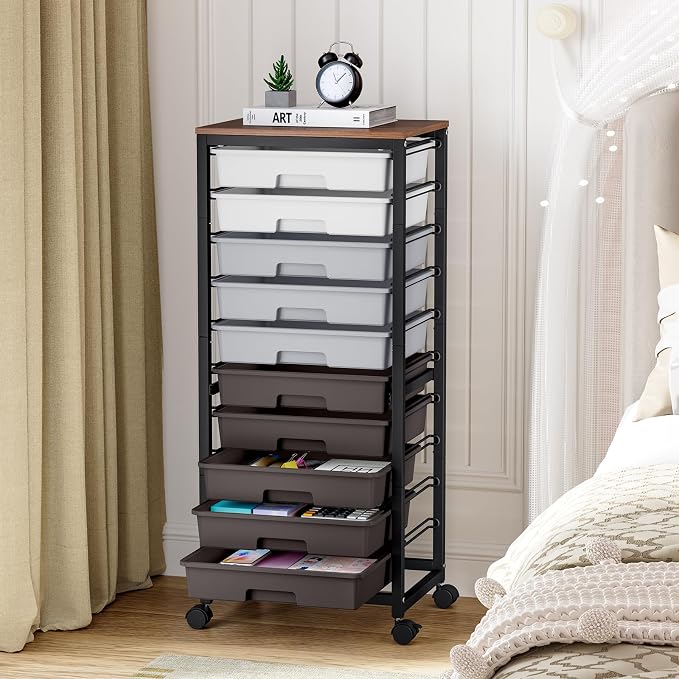 SYKIARIOL Rolling Cart with Drawers,10 Drawer Rolling Cart,Storage Cart,Utility Cart,Teacher Cart for Classroom Storage,Craft Cart with Wheels and Wooden Tabletop,Grey