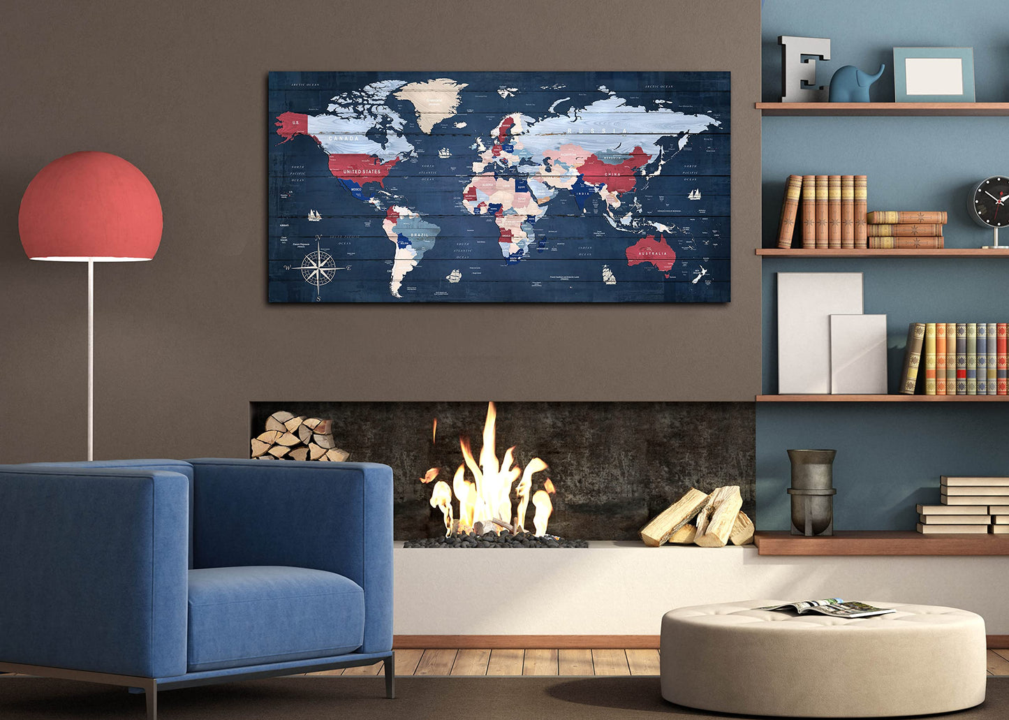 ZHAOSHOP Blue World Map Wall-Art For Office - Large World Maps For Wall - Canvas Wall Art Stretched and Framed Ready to Hang Size 40" x 20"