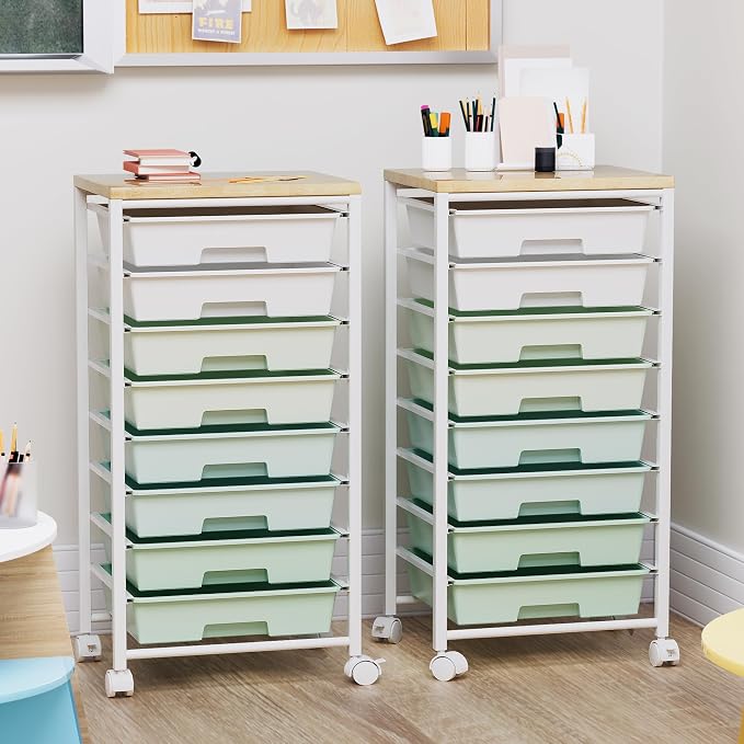 Rolling Cart with 8 Drawers, Storage Drawers Cart with Wooden Tabletop and Lockable Wheels, Craft Storage for Living Room, Office, Classroom, Craft Room, Bedroom