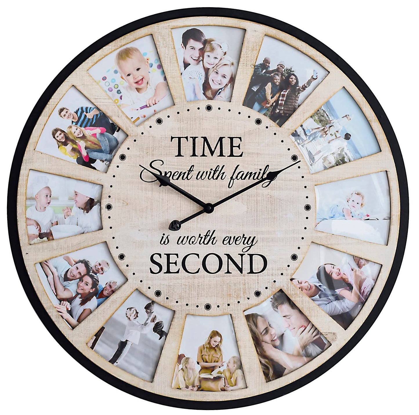 JUMBO HUMBLE 12 Photo Collage Rustic Wood Farmhouse Wall Clock, Large Family Picture Wall Clock for Living Room, Home, Kitchen, Silent Battery Powered 24 Inch Natural