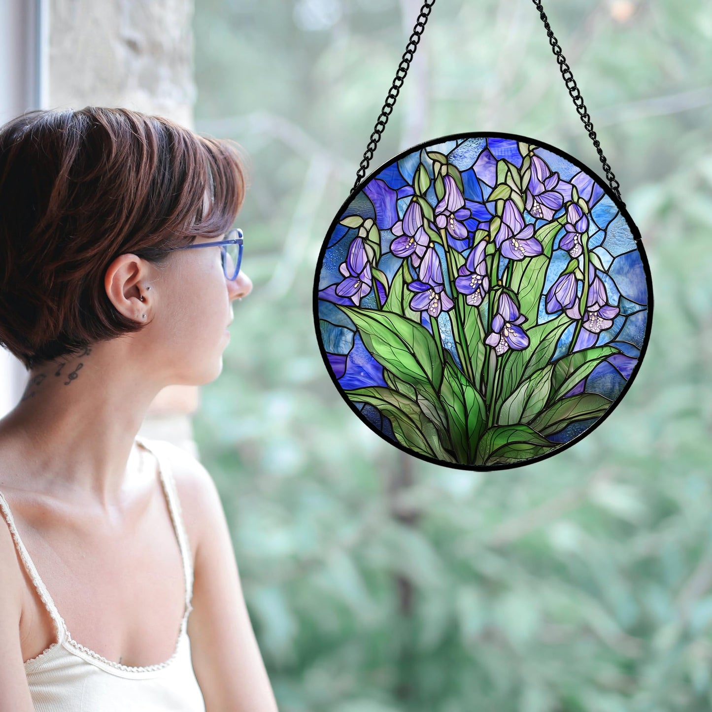 AMDERVEN Stained Glass Suncatcher, Blue Purple Flowers Green Leaves Sun Catcher Plants Stain Glass Window Hanging Decoration Mother's Day Birthday Gifts for Women Men Mom and Nana 7.8 in