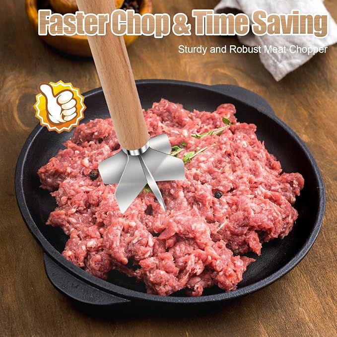 304 Stainless Steel Meat Chopper, 6-Blade Heavy Duty Ground Beef Meat Masher, 11 Inch Food Grade Hamburger Smasher Metal Kitchen Tool for Vegetable Puree Cooking