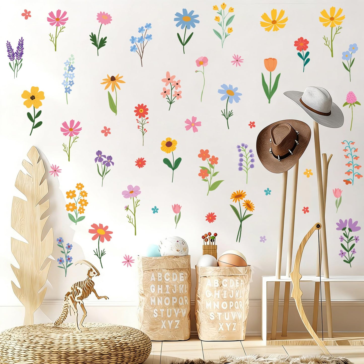 Spring Flower Wall Stickers, 8 Sheets Wildflower Wall Decals Peel and Stick Floral Wall Decor for Girls Bedroom Nursery Spring Room Decorations 90 Pcs