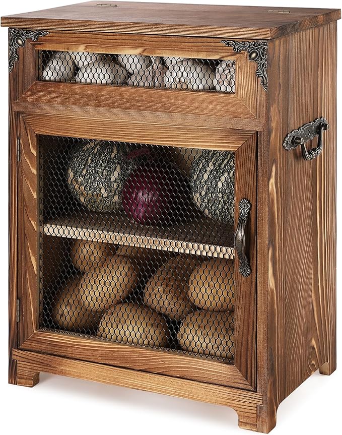 Mini Potato and Onion Storage Bin - Wooden Storage Box for Kitchen Countertops, Vegetable Storage Bins, 12.2" W x 6.5" D x 16" H (Rustic Color)