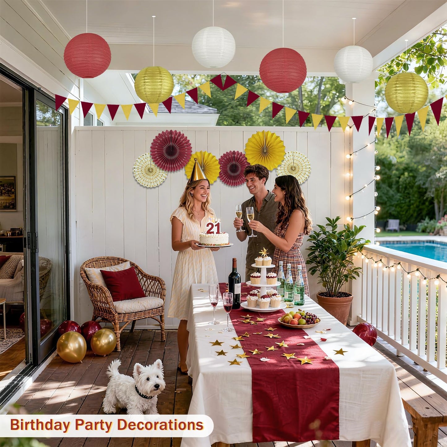 13 Pcs Maroon and Gold Party Decorations Set, Burgundy Gold Cream Hanging Paper Lanterns, Fans & Banner for Graduation Decorations 2026, Wine Party, Adult Birthday, Class Reunion