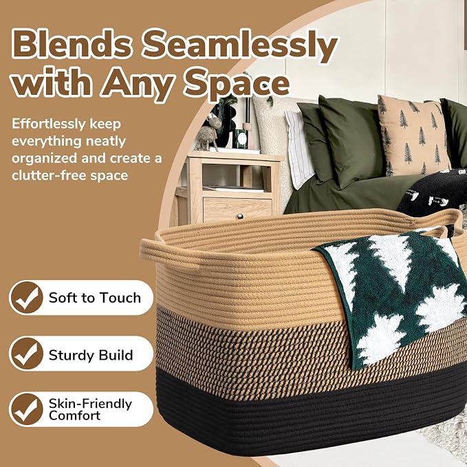 Goodpick 105L Extra Large Blanket Basket 25" x 16" x 16" Cotton Rope Storage Baskets for Organizing, Wicker Laundry Basket with Handles, Rectangle Woven Baskets for Storage, Black & Jute