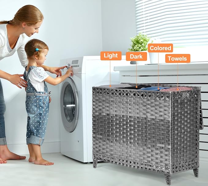 Laundry Hamper with 4 Removable Liner Bags; 176L Handwoven Rattan Laundry Basket with Lid & Heightened Feet; Clothes Hamper with Side Handles