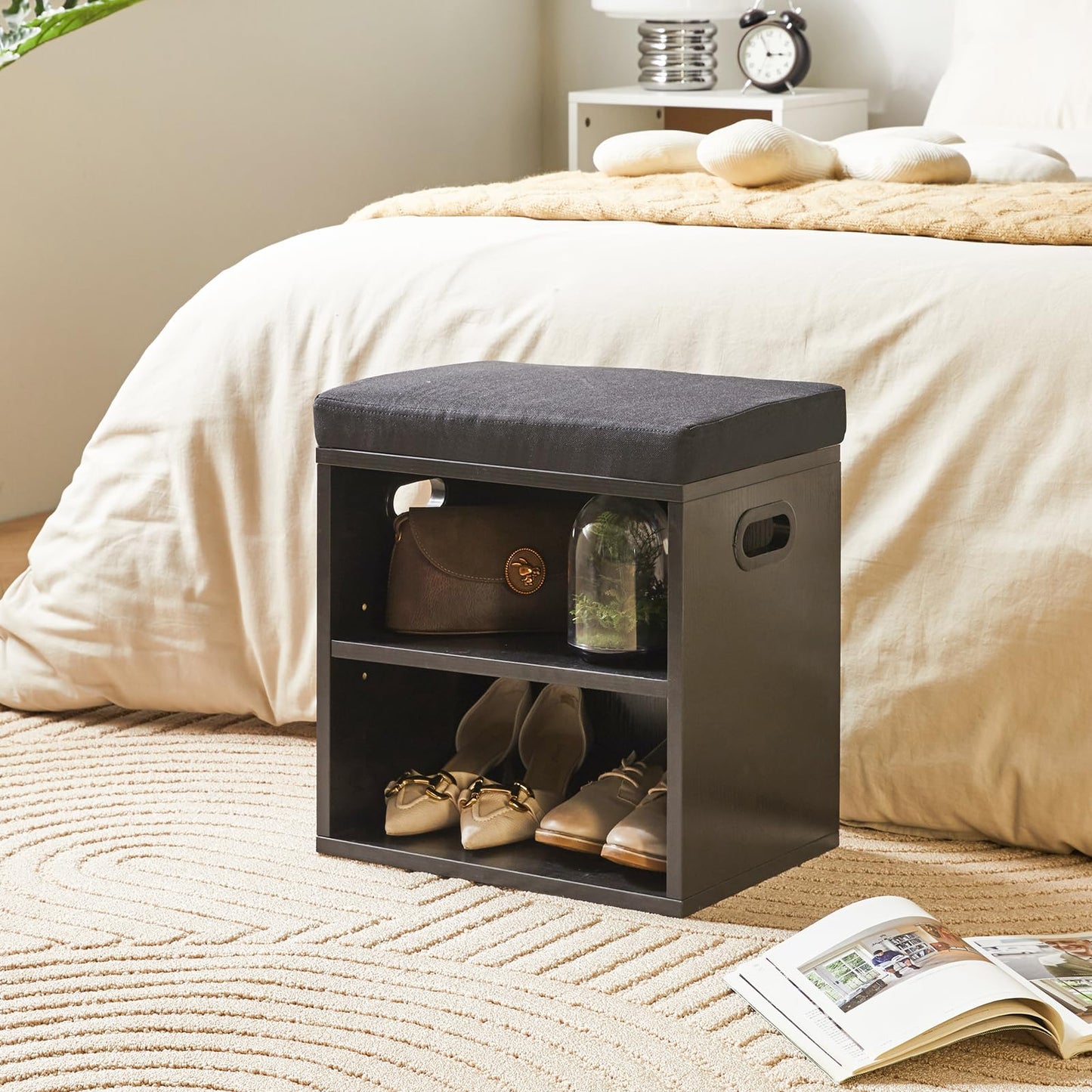 YMYNY Shoe Storage Bench with Cushion, 2 Tier Shoe Rack with Padded Seat, Adjustable Shoe Organizer Cabinet for Entryway, Living Room, Hallway, Closet, Bedroom, 15.4L*11W*16.54H, Black, UHBD028B
