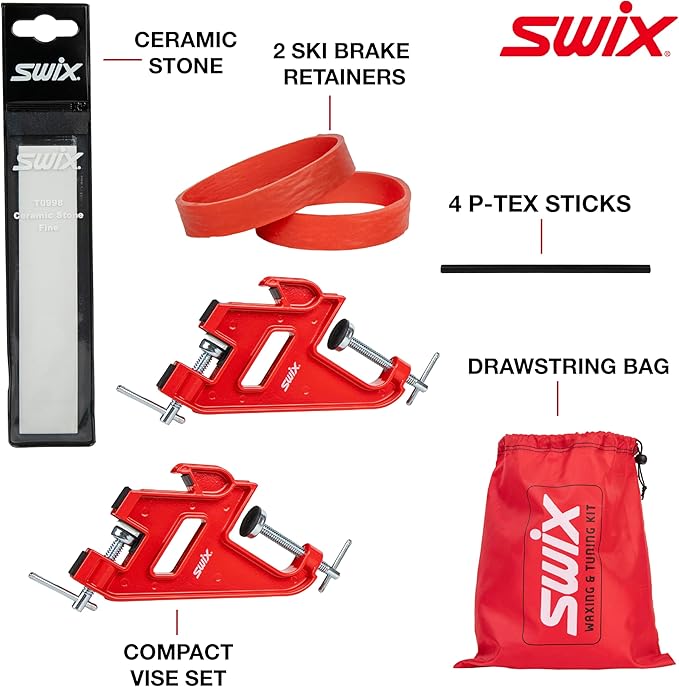Swix Ski and Snowboard Touchup and Wax Kit - Comprehensive Winter Sports Maintenance Set with F4 Wax, Diamond Disc, Sidewall Cutter, Ceramic and Gummi Stones, Metal Scraper, Vise Set