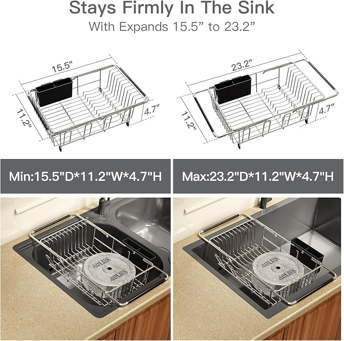MAJALiS Dish Drying Rack Over The Sink with Utensil Holder, Drainboard | Expandable Stainless Steel Dish Drainer for Small Kitchen, Apartment, RV, Counter Space Saving, Perfect Fit, Rustproof