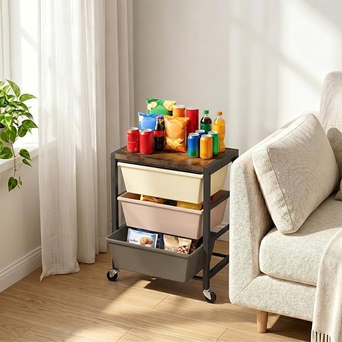 Rolling Cart with 3 Drawers, Plastic Drawer Storage Carts with Lockable Wheels & Wooden Tabletop, Metal Art Craft Utility Cart Organizer for Home Office Bedroom Dorm Bedside Classroom, Dark Brown