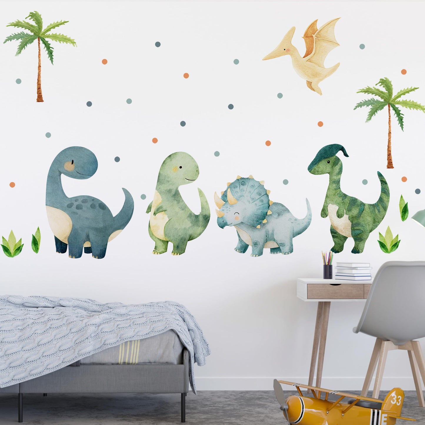 Large Dinosaurs Wall Decals, Dino Animal Tropical Palm Tree Home Decorations, Self Adhesive Dinosaurs Wall Art Sticker for Baby Nursery Kids Room Home Decor (Green Boho Dinosaurs Dot Decals)