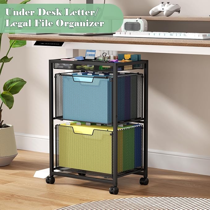 Rolling File Cart with 2 Drawers, Under Desk Storage Cabinet with DIY Divider, Letter/Legal Mobile Filling Cabinet on Wheels, Hanging File Folders Organizer, Metal Utility Cart for Home Office, Black