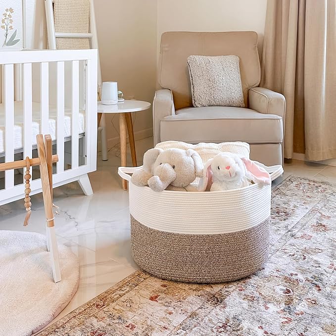 INDRESSME XXXLarge Blanket Basket for Living Room 21.7" x 21.7" x 13.8"-Storage Basket with Handle for Organizing Toy Pillows Woven Cotton Rope Laundry Basket Stuffed Animal Toy Storage for Play Room