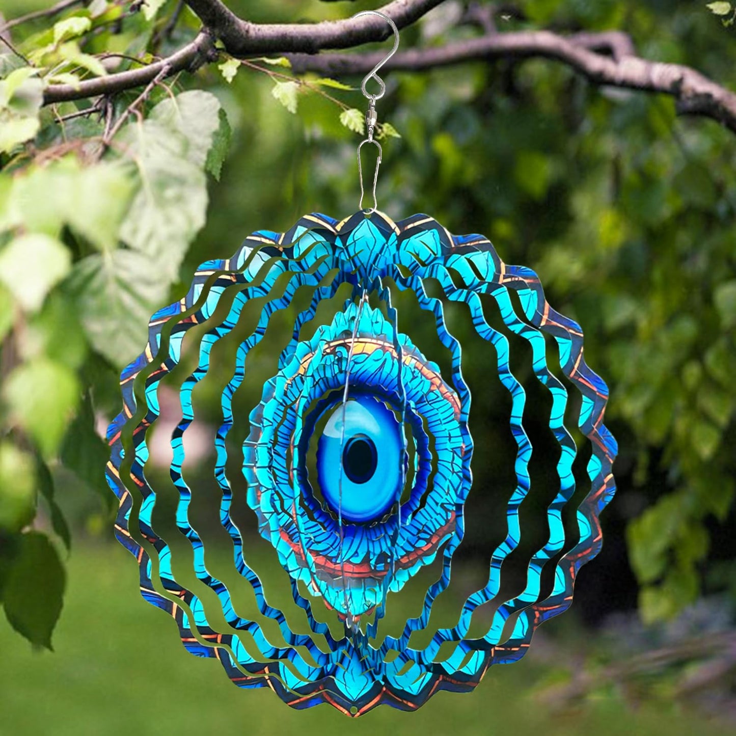SAC SMARTEN ARTS 3D Wind Spinner Mandala 10 Inch Evil Eye Stainless Steel Wind Sculpture Blue Hanging Ornament Laser Cut Metal Art for Indoor Outdoor Garden Decoration Protective Amulet for Home Yard