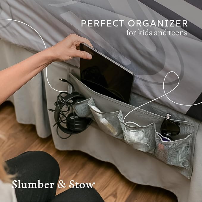 Houseify Slumber & Stow Hanging Bedside Caddy - 5 Pocket Bed Caddy Organizer for Tablets, Magazines, Phone, Glasses, Remotes & More - Ideal Storage For Dorm, Bedroom & Living Areas - 10"x17.3"
