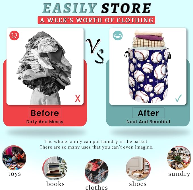 Baseball Pattern Laundry Basket Baseball Laundry Hamper Foldable Oxford Cloth Sports Funny Tote Bag Clothes Toy Storage Bucket For Bathroom/Laundry Storage/Bedroom 18.9 x 16.5 Inch
