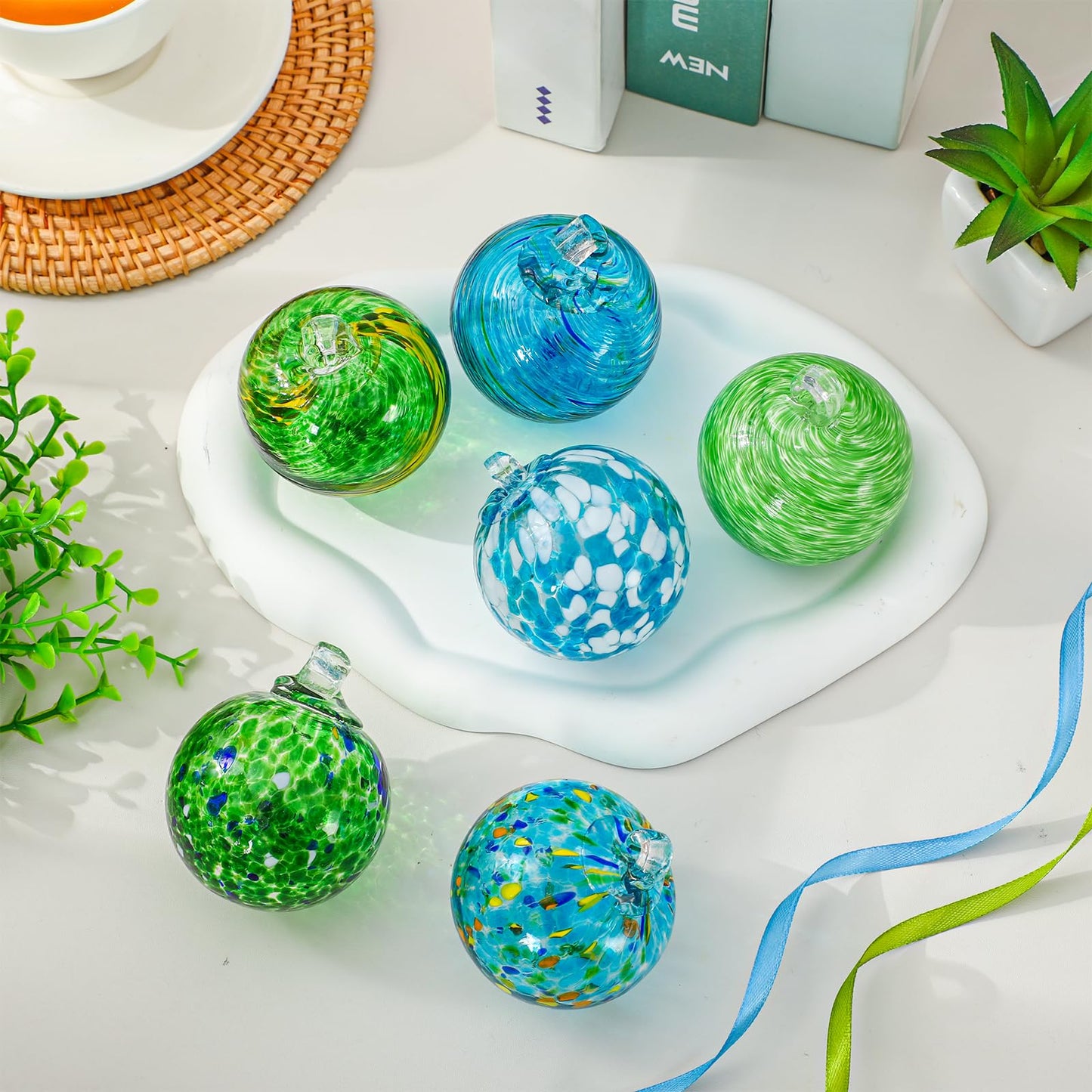 JarThenaAMCS 6Pcs Hand Blown Glass Ball Ornaments 2.4 Inch Blue Green Hanging Friendship Witch Balls for Home Party Garden Wall Window Decor