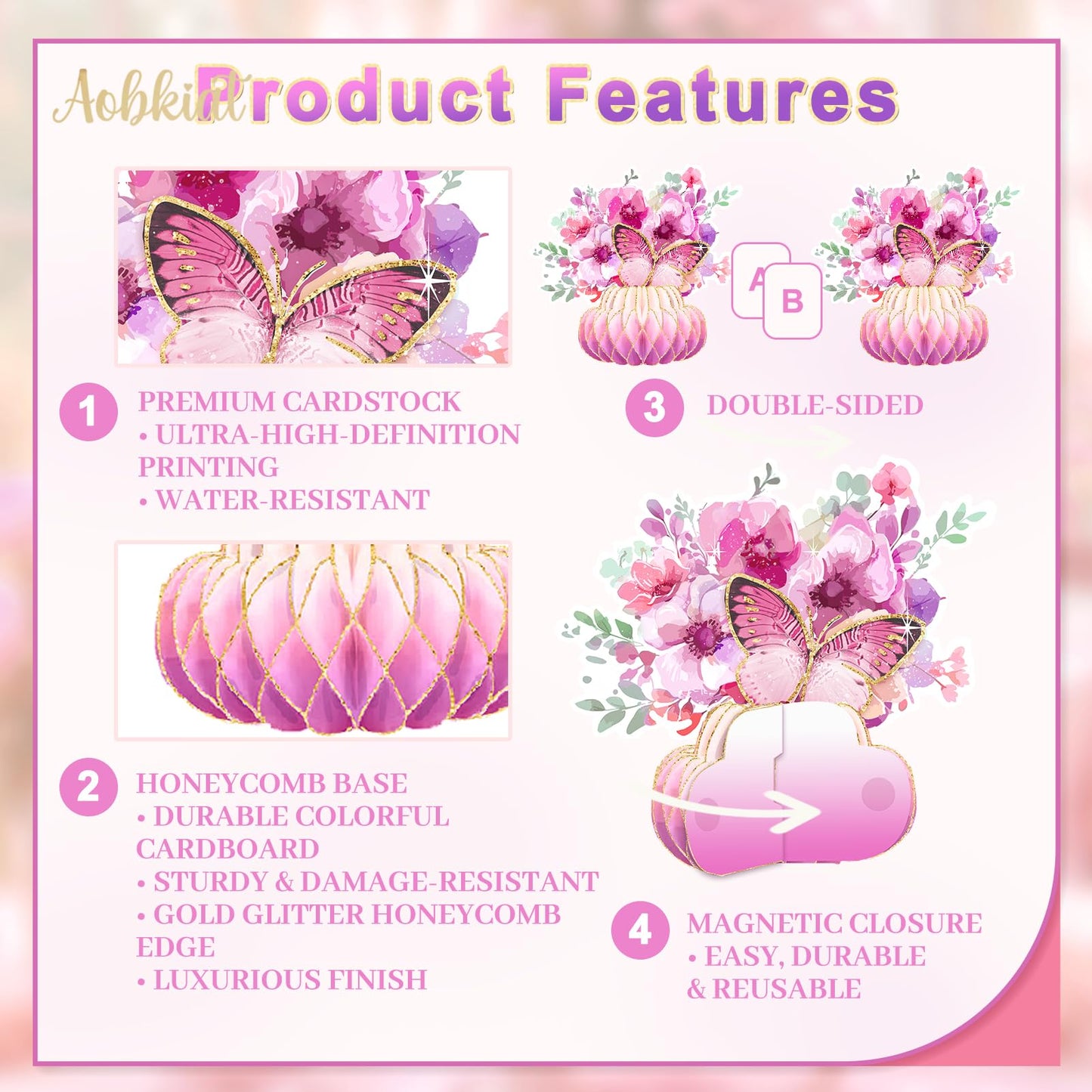 AOBKIAT Women Birthday Decorations Party Centerpieces,Large Size Table Centerpieces with Glitter Edge,Pink Purple Cardboard Honeycomb Base for Mother Day,Baby/Bridal Shower,Wedding,Gradient Vase