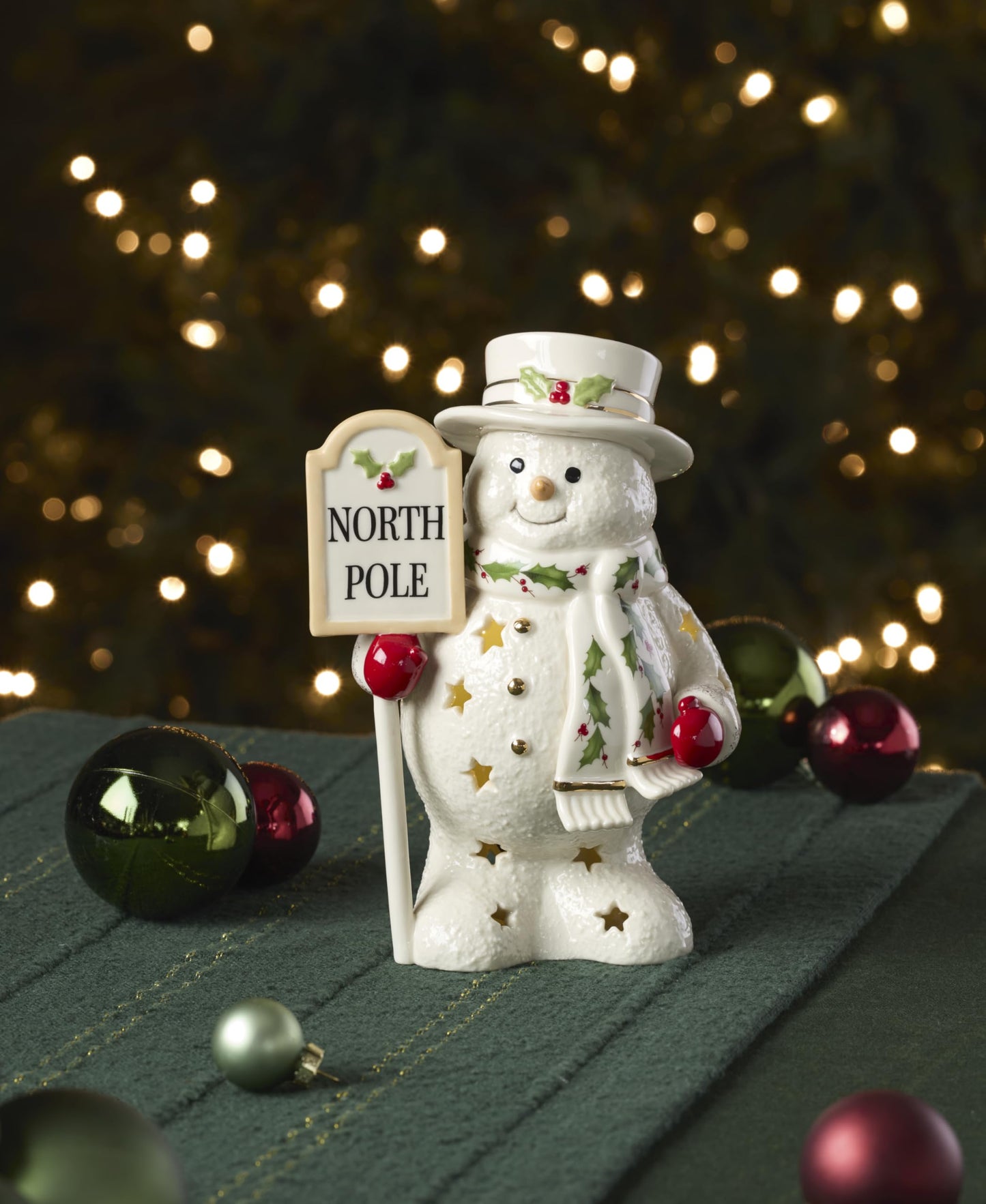 Lenox Figurine, Happy Holly Days North Pole Snowman Light-Up Figurine, Christmas Decorations, Christmas Decor Indoor, Snowman Design (Ivory, 1 Piece, 7.75-Inch Height) 2 AAA Batteries Not Included