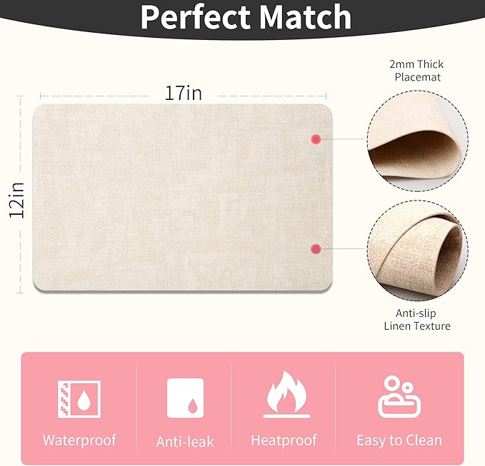 Maxpearl Faux Leather Placemats Set of 4 - Waterproof - Wipe Clean - Heat Resistant - Anti Slip Dining Table Place Mats, Suitable for Indoor & Outdoor Use, 17’’×12’’, Beige