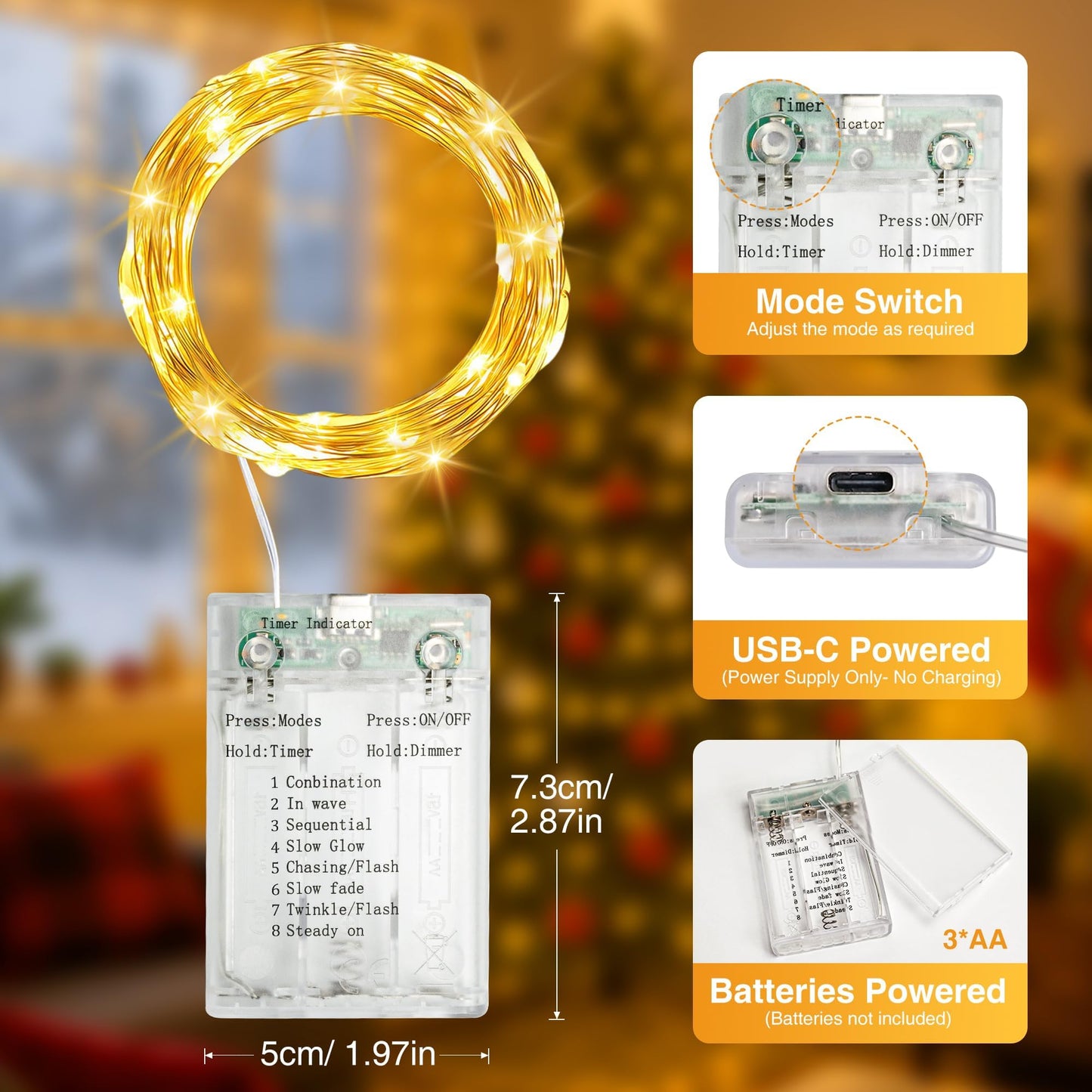 Fairdeer 16FT 50 LED Fairy Lights Battery Operated with Timer, 8 Modes USB Mini Twinkle Light, Small String Lights for Tree Wreath Vase Bedroom DIY Holiday Wedding Mothers Day Decorations-Warm White
