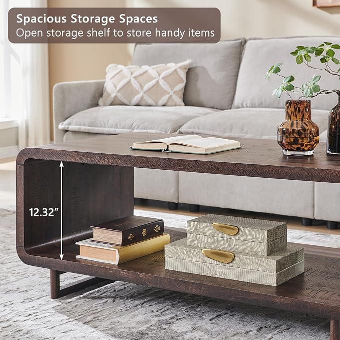IFGET 48" Modern Coffee Table, 2-Tier Minimalist Center Table with Storage Shelf, Curved Profile Design, Wooden Rectangular Living Room Table w/Wood Thick Design for Living Room, Office, Brown