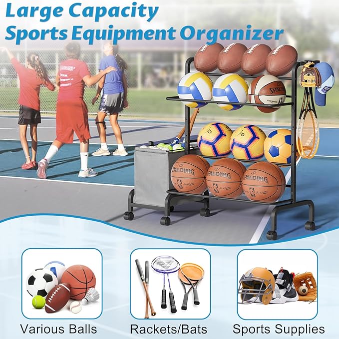 Ball Storage Rack, Adjustable Basketball Holder Display Stand with Ball Basket Bin Hooks, Outdoor Ball Cart with Wheels for Soccer Football Tennis Baseball, Sport Equipment Organizer for Garage Gym