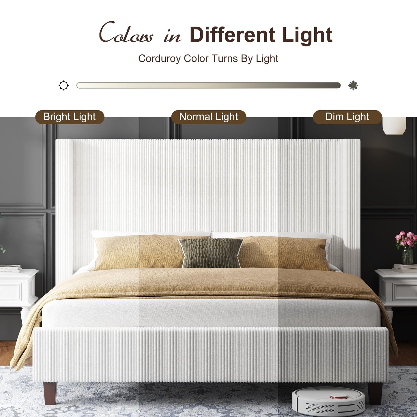 HOWE California King Size Bed Frame with 50.8" Tall Wingback Headboard, Modern Corduroy Upholstered Platform Bed Frame with Solid Wood Slats & Legs, No Box Spring Needed, Noise-Reducing Design, White