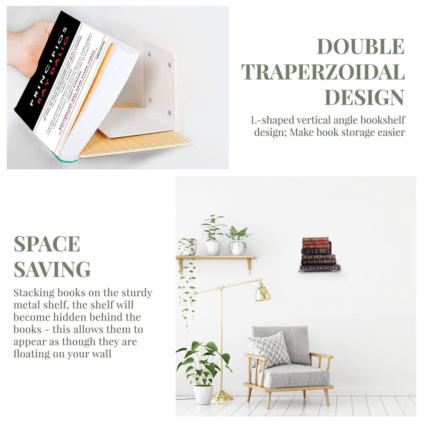 CRIZTA Set of 4 Invisible Floating Bookshelf, Heavy Duty Wall Mounted Book Organizer, Metal Shelves Holder for Books, Large Size (White)