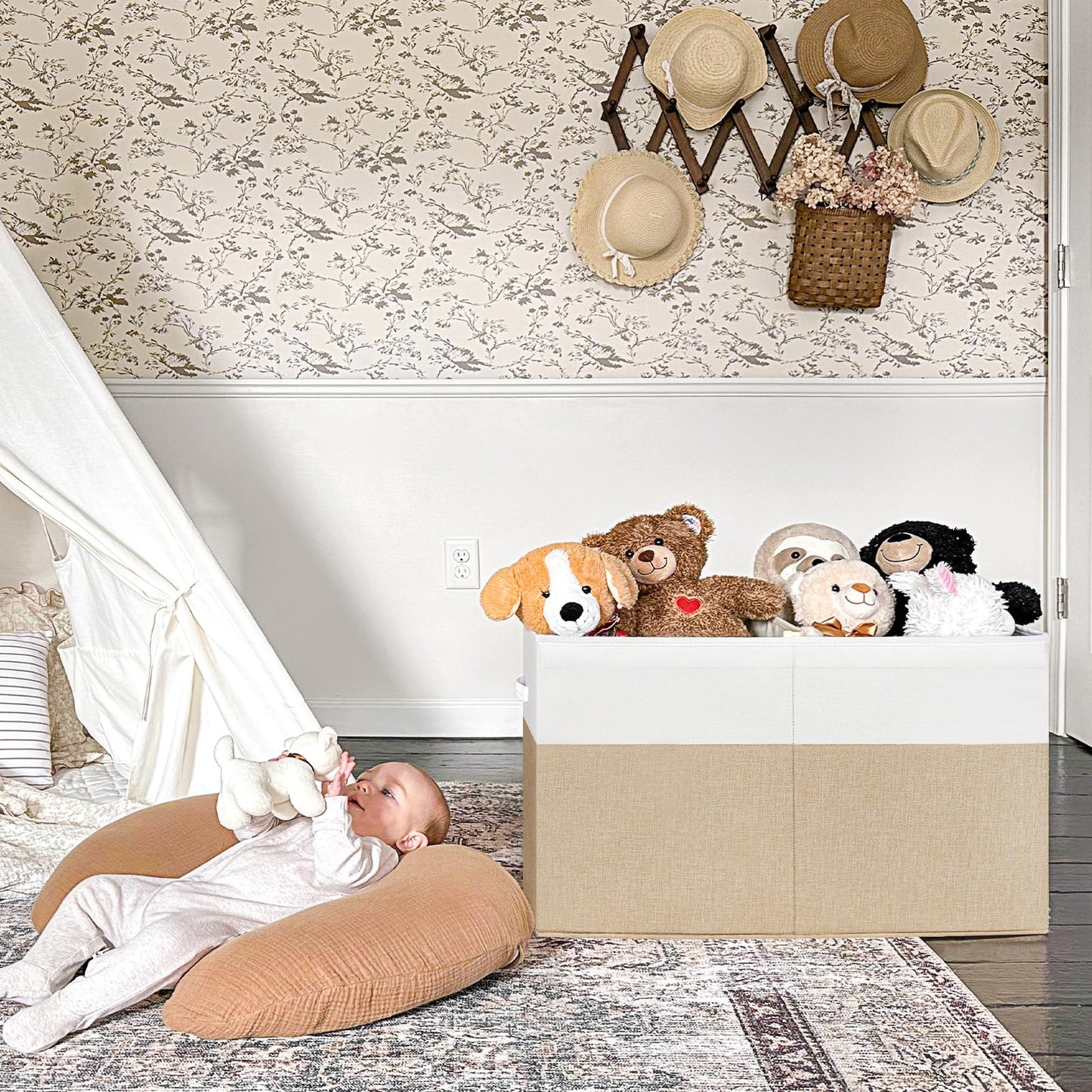 INDRESSME Large Toy Box with Lid, Collapsible Toy Storage Organizer Chest with Divider, Foldable Toy Bin for Kids Boys Girls Playroom Nursery Bedroom Living Room 25"x16"x13" (Beige & White)