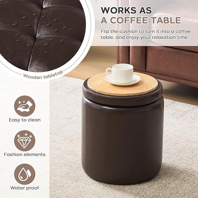 oakvivo Round Set of 2 14.76" L x 14.76" W x 17.32" H Faux Leather Ottoman with Storage, Small Foot Rest Storage Ottomen with Lid Living Room, Bedroom Vanity Stool Chair, Coffee