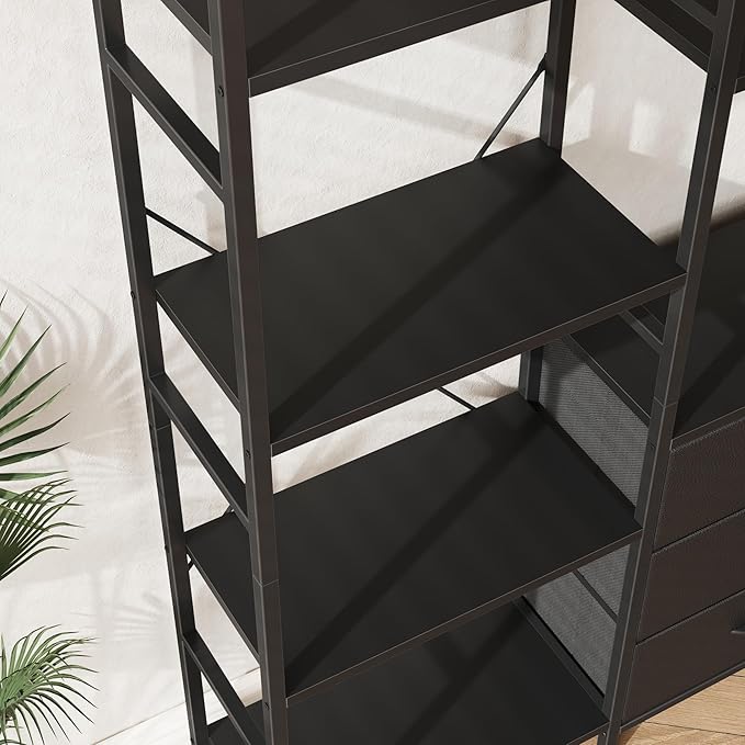 AFLUI Triple Bookshelf with 3 Fabric Drawers, 5-Tier Book Shelf and 10 Display Shelves, Industrial Large Bookcase for Home & Office, Black, 47'' Wide