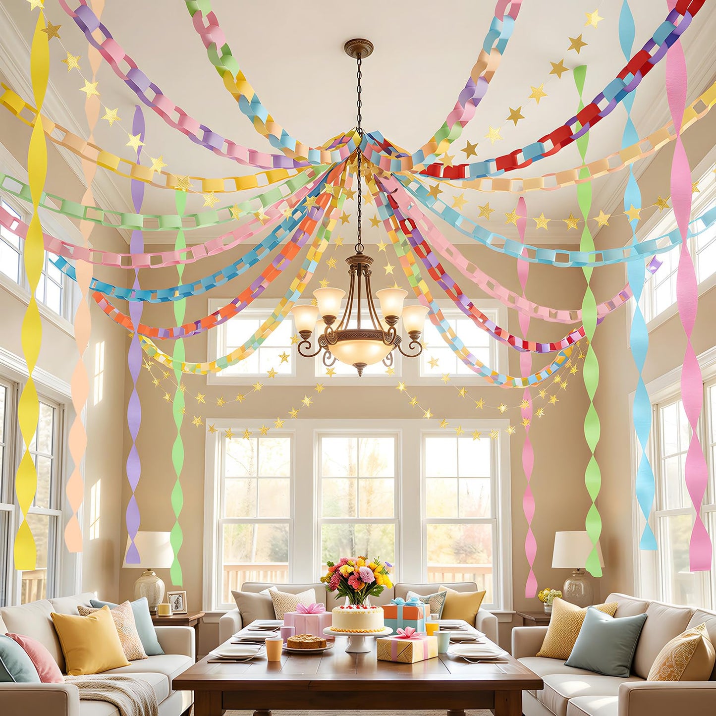 Yquqwn Pastel Paper Chain Garland Kit - 492ft Crepe Paper Streamers & 300 Sheets Paper Strips for Chains - 26ft Double-Sided Gold Star Garland for Birthday, Wedding, Macaron Party Decorations