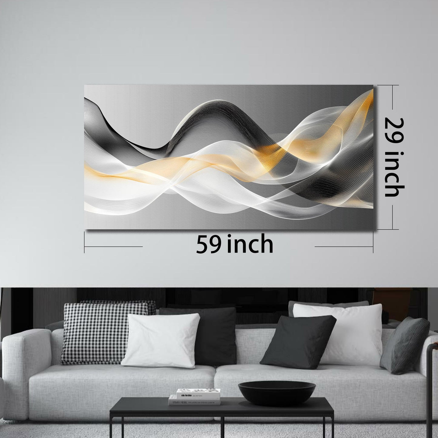 JuhaiArt Abstract Wall Art White Wall Decor for Living Room Office Large Black Canvas Art Picture Gold Artwork 29" x 59" Modern Prints