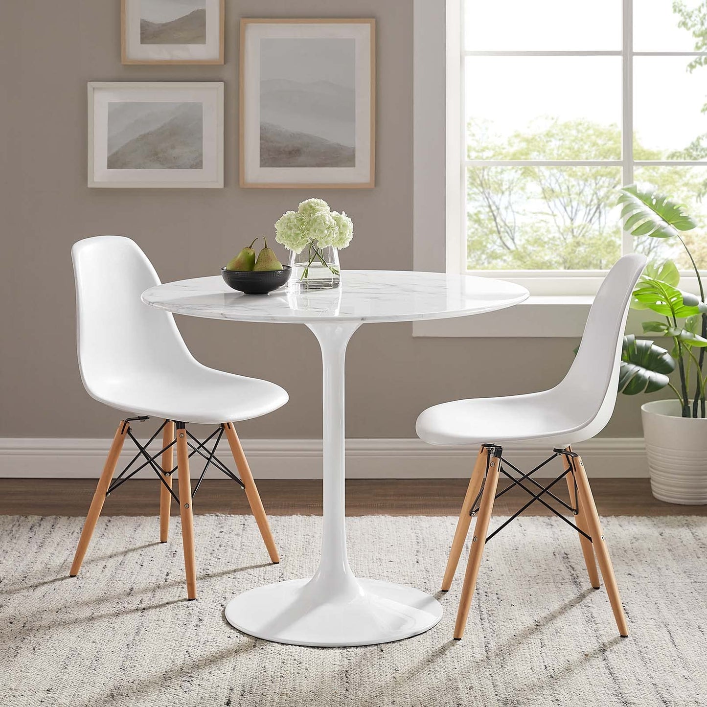 Modway Lippa Round 36" Mid-Century Modern Artificial Marble Dining Table in White