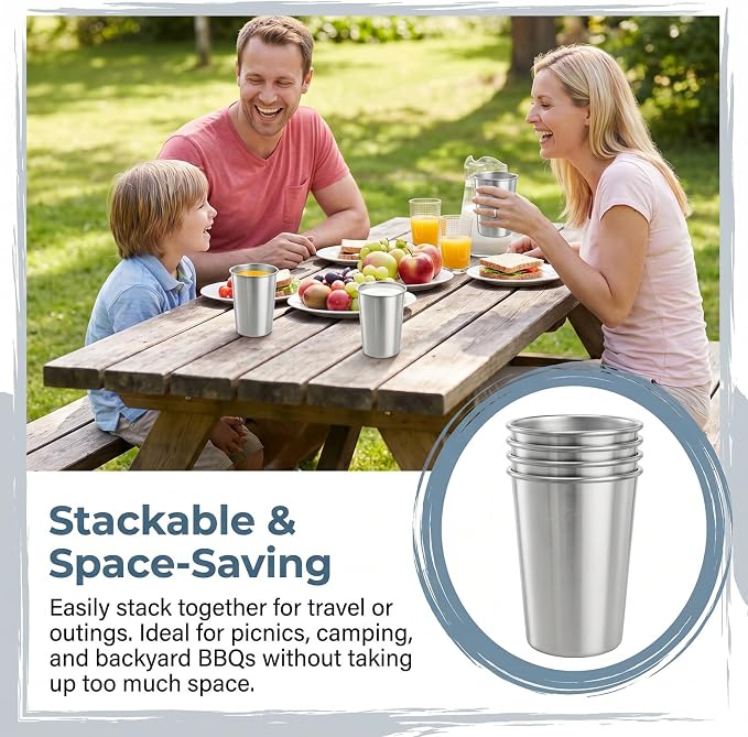 Tosnail 6 Pack Stainless Steel Pint Cups, 16 oz Metal Cups Unbreakable Drinking Glasses Water Tumblers for Kids, Adults Indoor and Outdoor Use, Silver