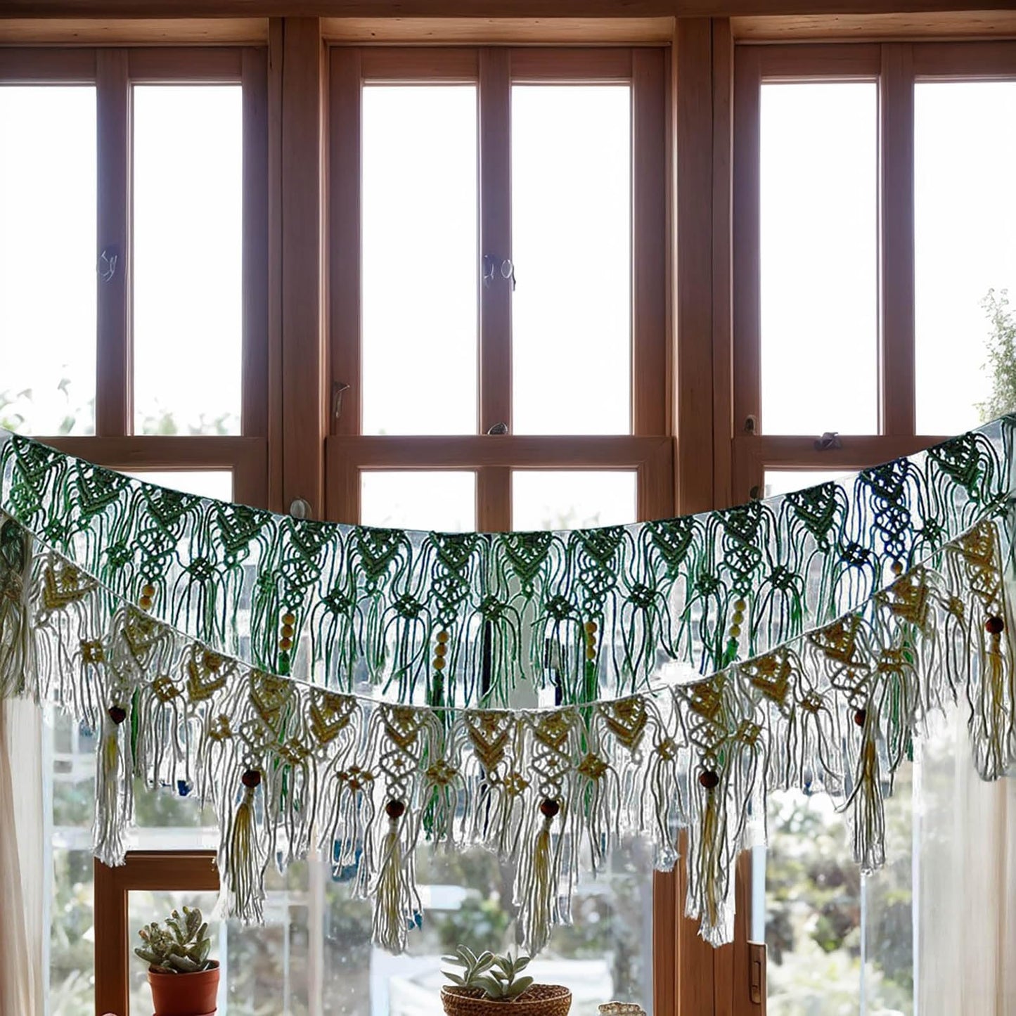 Macravine Macrame Wall Hanging Garland, Green and Cream, Bohemian Style with Wooden Beads, Handwoven Cotton Fringe Banner,44“X12.8” (Green)