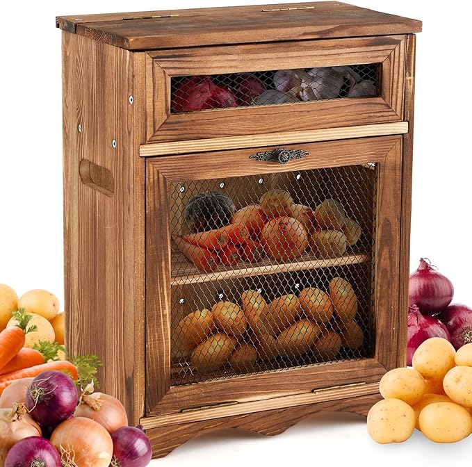Colingmill Wooden Potato Onion Storage Bin for Kitchen Counter, Farmhouse Vegetable Storage Cabinet with Mesh Door & Lid Rustic Countertop Potato Organizer for Onion Garlic Bread, 11.8 x 6.8 x 16 Inch