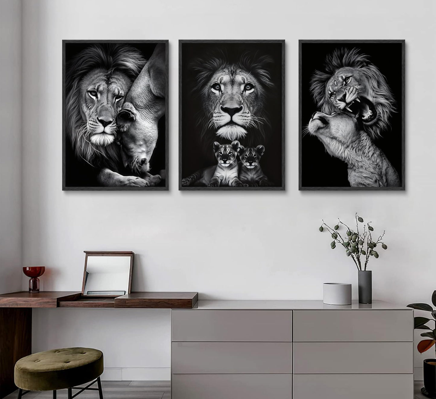 3pcs Black and White Lion Family Triptych Wall Art Canvas Paintings Animal Posters Prints Pictures Wall Decor for Bedroom Living Room Office Decoration Unframed