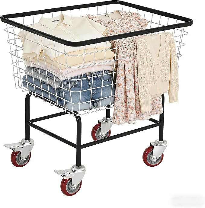 Large Rolling Laundry Cart with Wheels Holds 2 Washer Loads, Wire Laundry Basket, Heavy-Duty Steel Storage Basket with Galvanized Finish, for Commercial or Home Laundry