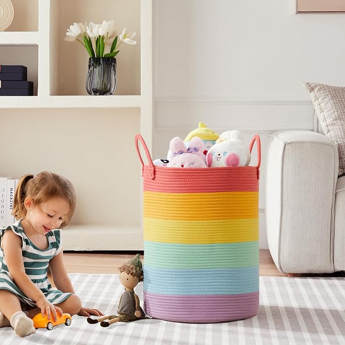 Rainbow 15"Dx20"H Baby Girls Kids Laundry Hamper Basket for Nursery Toddler Clothes Blanket Toy Storage Woven Rope Unicorn Hamper in Playroom Bedroom 60L Large
