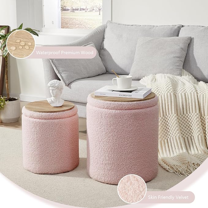 Royal Windsor Boucle Round Ottoman with Storage Set of 2,Small Foot Stool Ottoman for Living Room, Small Coffee Table,Vanity Stool with Storage for Bedroom, Pink